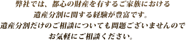 弊社では、都心の財産を有するご家族における遺産分割に関する経験が豊富です。遺産分割だけのご相談についても問題ございませんのでお気軽にご相談ください。